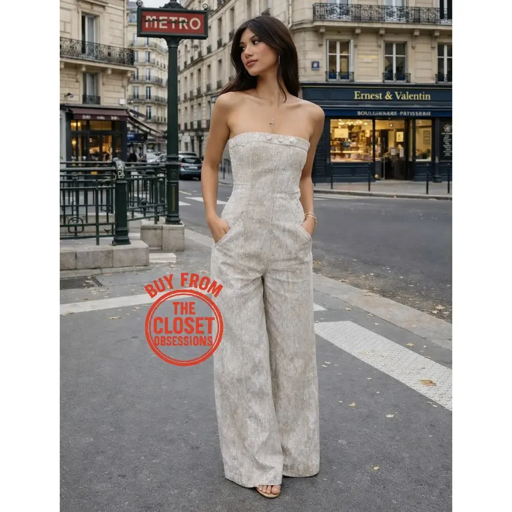 Zara Linen Blend Strapless Wide Leg Jumpsuit NWT Palazzo Resort Vacation Outfit